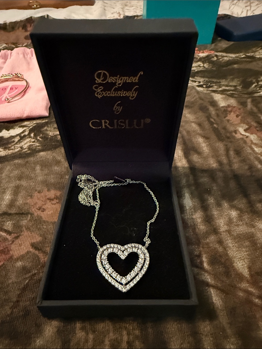 Crislu Silver Double-Heart Necklace with Clear Crystals